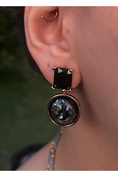 Glowy&Co. Noir Glow Dönüştürülebilir Taşlı Küpe – Kararmaz Çelik Altın Renk