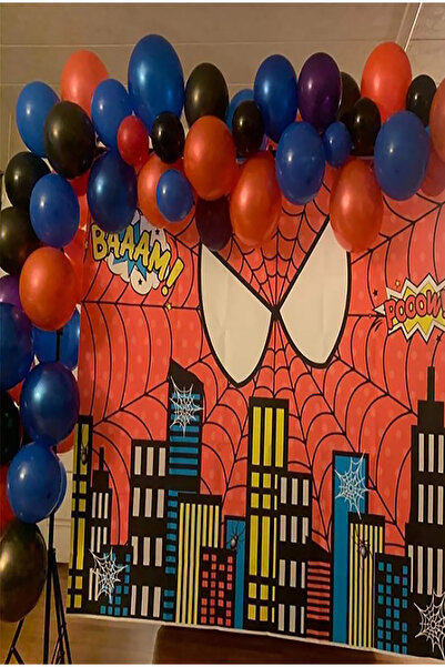 SPIDERMAN 50'li Örümcek Adam Balon Seti Spiderman 20 Lacivert 15 Kırmızı 15 Siyah + 1 Zincir + 1 Sticker Parti