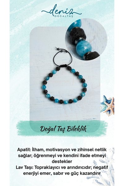 Deniz Doğal Taş Sertifikalı Apatit ve Lav Taşı Doğal Bileklik Zihin ve Enerji...