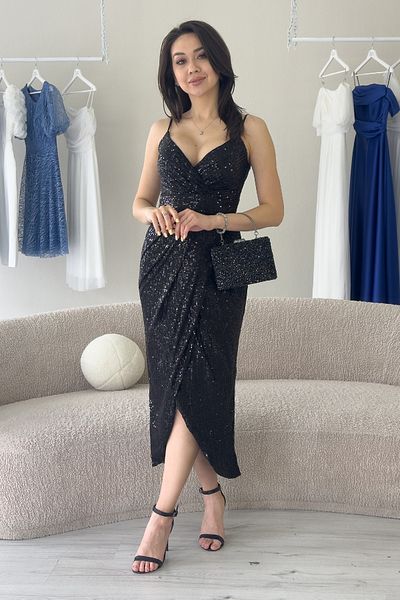 zks grup tekstil Women's Strappy Sequin Double Breasted Slit Evening Dress Burgundy, Navy Blue, Lilac, Black, Green