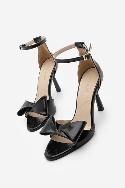 Marjin Women's Bow Detailed Ankle Strap Heeled Sandals Orlis Black Patent Leather