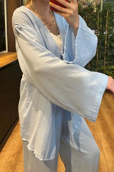 Balenbi Kimono de damă din țesătură de muselină cu șireturi duble 1101