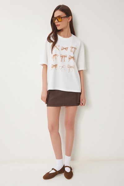 Lovelyİstanbul Printed Cotton Knitted T-Shirt Ecru Lus0126