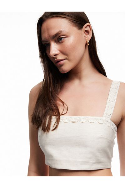 Koton X Melis Ağazat - Lined Linen Blend Sleeveless Square Neck Floral Strap Crop Bustier