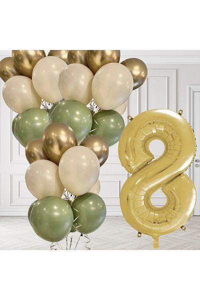 tedaks 8 Years Old Retro Mildew Green Chrome Gold Sand Beige Balloon Set Gold Number Birthday Balloon Stylish Party Ornament