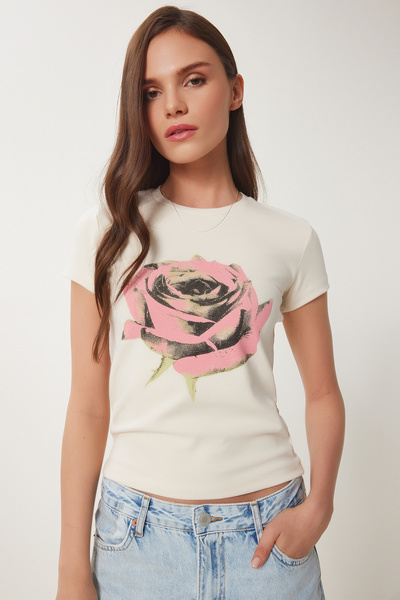 Lovelyİstanbul Πλεκτό μπλουζάκι με φλοράλ εμπριμέ LUS0114 ΚΡΕΜΑ