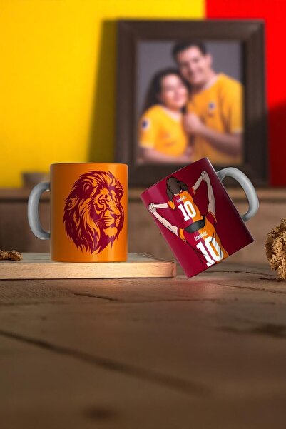 Layer Home Porselen Sarı Kırmızı Aslan Kişiye Özel Taraftar Baskılı Kupa Bard...