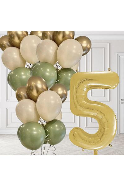 tedaks 5 Years Old Retro Mildew Green Chrome Gold Sand Beige Balloon Set Gold Number Birthday Balloon Stylish Party Ornament