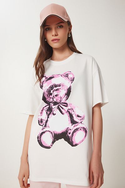 Lovelyİstanbul Teddy Bear Printed Cotton Oversize Knitted T-Shirt Ecru Lcr0045