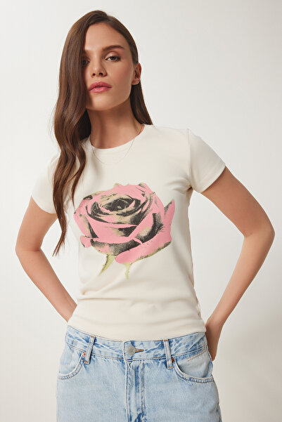 Lovelyİstanbul Πλεκτό μπλουζάκι με φλοράλ εμπριμέ LUS0114 ΚΡΕΜΑ