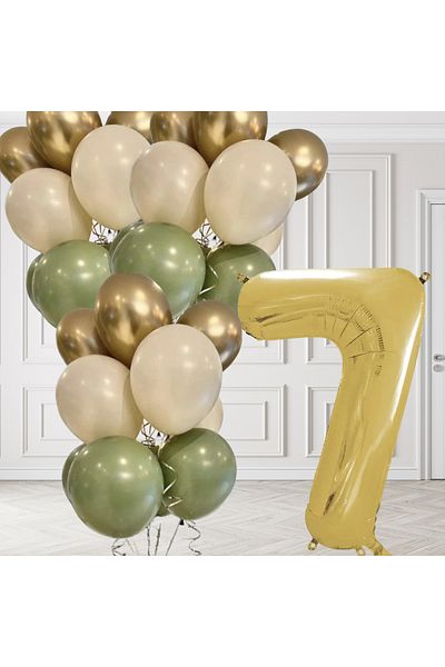 tedaks 7 Years Old Retro Mildew Green Chrome Gold Sand Beige Balloon Set Gold Number Birthday Balloon Stylish Party Ornament