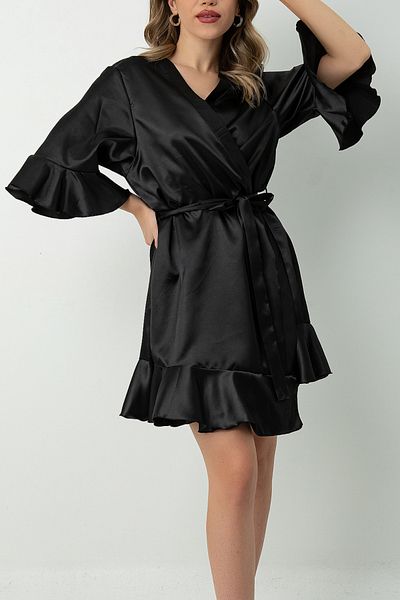 ZENCHES Black Satin Mini Dress with Ruffle Detail - Dowry, Comfortable