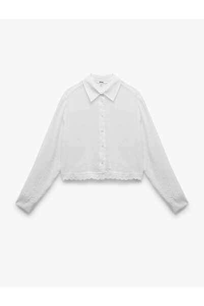 Koton Klasszikus galléros hosszú ujjú szegélyű, fodros hímzésű részletes ing