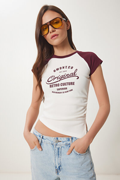 Lovelyİstanbul Πλεκτό μπλουζάκι με στάμπα χρώματος αντίθεσης MAROON BONE LCR0062