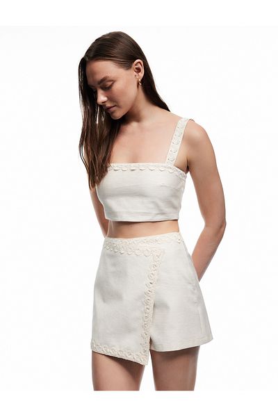 Koton X Melis Ağazat - Linen Blend Double Breasted Mini Shorts Skirt with Embroidery Detail