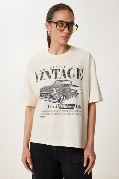 Lovelyİstanbul Vintage εμπριμέ βαμβακερό πλεκτό μπλουζάκι CREAM LUS0141