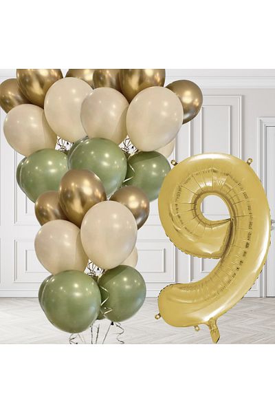 tedaks 9 Years Old Retro Mildew Green Chrome Gold Sand Beige Balloon Set Gold Number Birthday Balloon Stylish Party Ornament