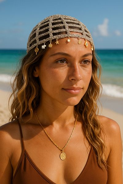 Satürn Hobi Knitted Bohemian Gold Accessory Detailed Glitter Mesh Beret & Bandana & Buckle