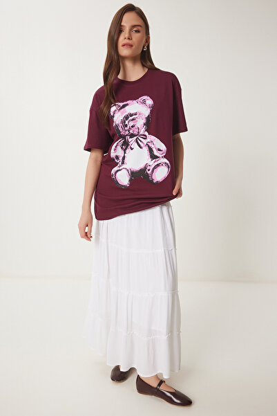 Lovelyİstanbul Tricou tricotat supradimensionat din bumbac imprimat cu ursule...