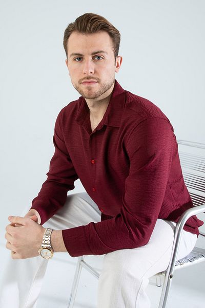 YXC Trend Maker Мъжка риза с дълъг ръкав и широк крой, сезонен лен, текстурирана, червена (ПРОДУКТЪТ Е С ШИРОКА КРОЙКА)