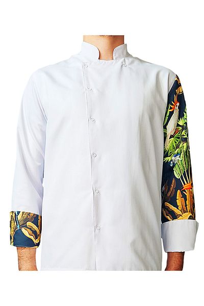 Ant Rotagrup Üniforma ve İş Elbiseleri Chef Jacket Patterned Unisex Snap Fastener White Long Sleeve Chef Cook Kitchen Jacket Tropical Bird