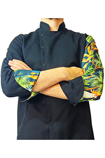Ant Rotagrup Üniforma ve İş Elbiseleri Chef Jacket Patterned Unisex Snap Fastener Black Long Sleeve Chef Cook Kitchen Jacket Tropical Bird