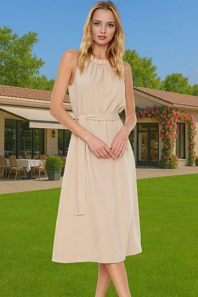 PayBuy A-Line Halter Neck Midi Viscose Dress Belted Casual Summer Trending Design for Daily Wear