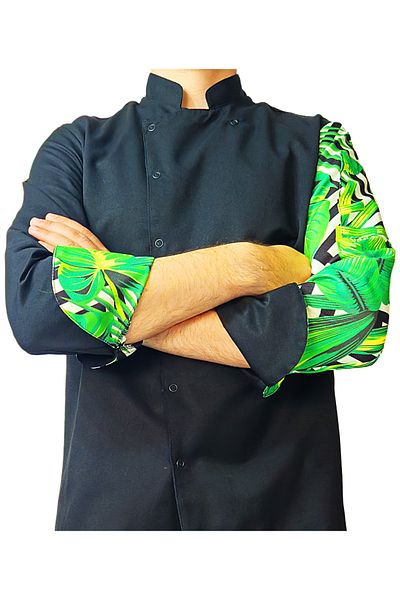 Ant Rotagrup Üniforma ve İş Elbiseleri Unisex Cook Jacket - Print, Snap Fastener, Black Long Sleeve, Chef Kitchen Jacket Green Leaf