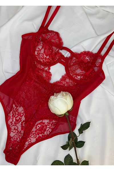 ROZENİN LINGERIE Red Lace Underwire Capless Transparent Bodysuit with Snaps at the Bottom