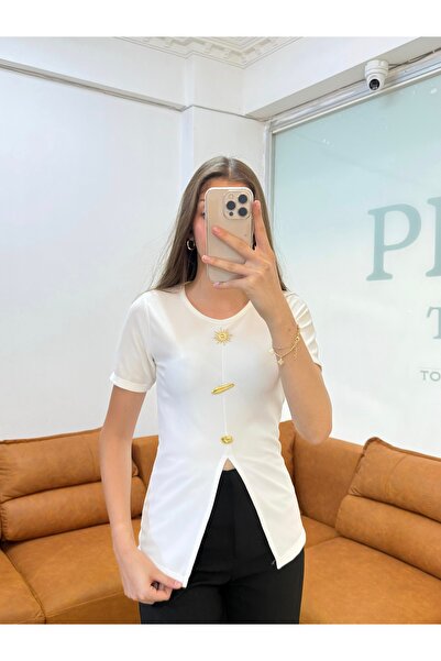 peri tower Sun Button Detailed Ribbed Blouse