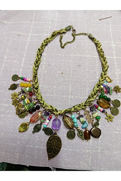 Tasarım Deri ip zincir örgü cam ve doğal taş detaylı kolye