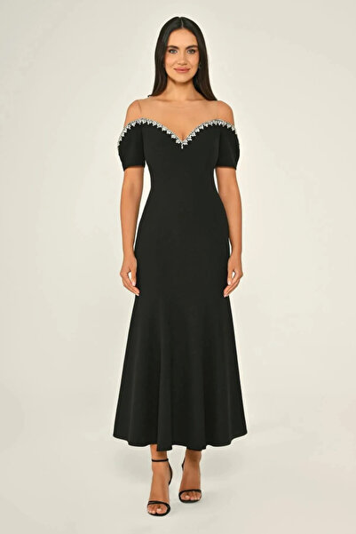 ALFABETA Kadın Abiye Yakası Taşlı Düşük Kol Krep Şık Midi Elbise