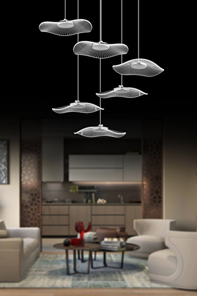 İstanbul Avize Şapka 6'lı Kumandalı Gümüş Üç Renk Led Lüx Modern Ledli Avize