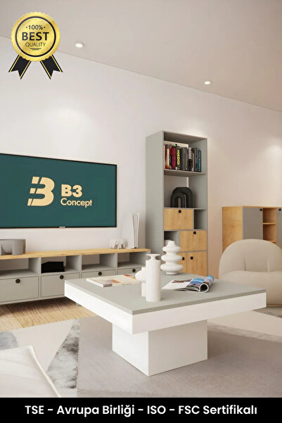 B3 Concept Nort Iı Serisi Modern Dekoratif 1. Kalite Kare Salon Orta Sehpa Gri & Beyaz