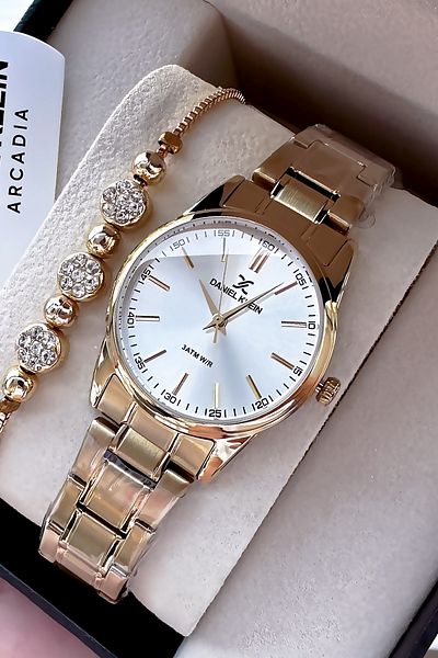 Daniel Klein Small Case Women's Wristwatch 3 Atm Waterproof Gold Color Steel Cord + Bracelet Gift DKBY2010C1
