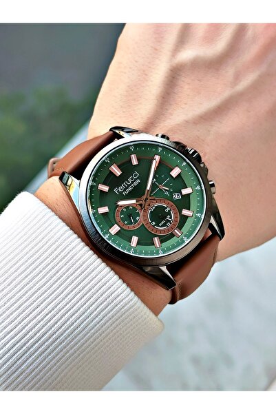 Ferrucci Fonksiyonları Aktif Erkek Kol Saati 3 Atm Su Geçirmez Kahverengi Renk Deri Kordon