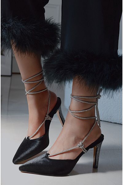 POLKA STORE Strass Pointed Toe Back Open Stiletto Sparkling Stone Banded Evening Dress Heeled Women's Shoes