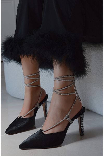 POLKA STORE Strass Pointed Toe Back Open Stiletto Sparkling Stone Banded Evening Dress Heeled Women's Shoes