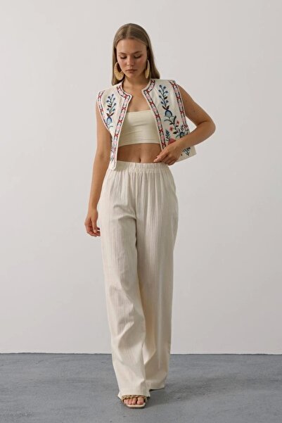 Generic Brand Embroidered Vest Trousers Set - Nature