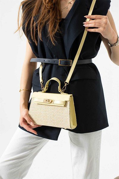 Mimoza Women's Yellow Leather Detailed Straw Hand and Shoulder Bag