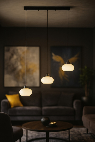 Avizemoda Vanna 3 lü Yemek Masası Üstü Beyaz Camlı Modern Sarkıt Avize - (Siyah)