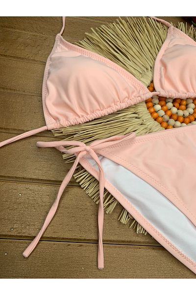 XORVİO Women's Lycra Flexible Side and Neck Tie Stylish Drawstring Triangle Light Pink Bikini Suit