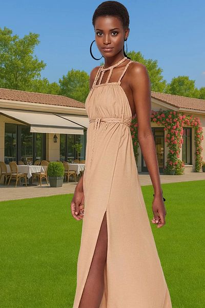 PayBuy Maxi Woven Cotton Beach Dress Crew Neck Tie-Up Summer High Quality Modern Style