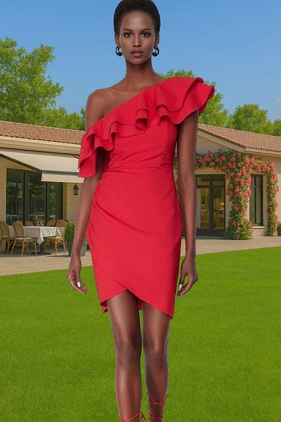 PayBuy One Shoulder Flywheel Detail Mini Dress Woven Fabric Modern Style for Special Occasions Perfect Fit