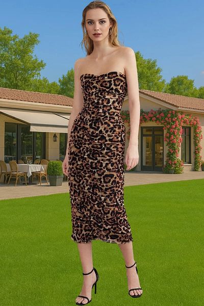 PayBuy Leopard Print Strapless Midi Tulle Evening Dress Custom Design Custom Design Perfect Fit