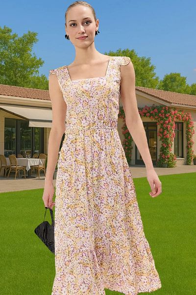 PayBuy Floral Pattern A-Line Midi Viscose Dress Shirring Sleeveless Summer Durable Material Professional Look