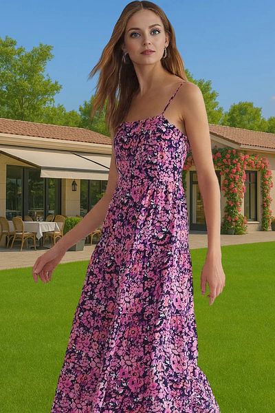 PayBuy Summer Floral Print A-Line Midi Viscose Dress Comfortable Casual Style for Daily Wear