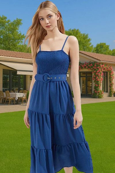 PayBuy Women's Midi Length Strap Pleated Waist Belt Polyester Casual Dress Professional Look Carefully Selected
