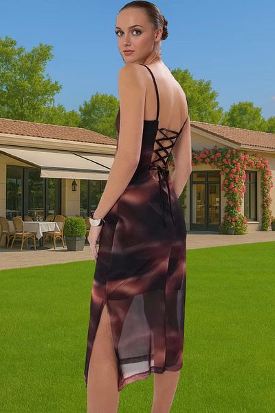 PayBuy Midi Length Printed Knitted Tulle Dress Stretchy Fit Square Collar High Quality Quality Craftsmanship