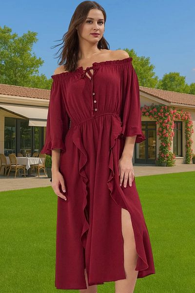 PayBuy Women's Off Shoulder Maxi Beach Dress Crinkle Woven Viscose Summer Comfortable and Stylish Distinguished Material